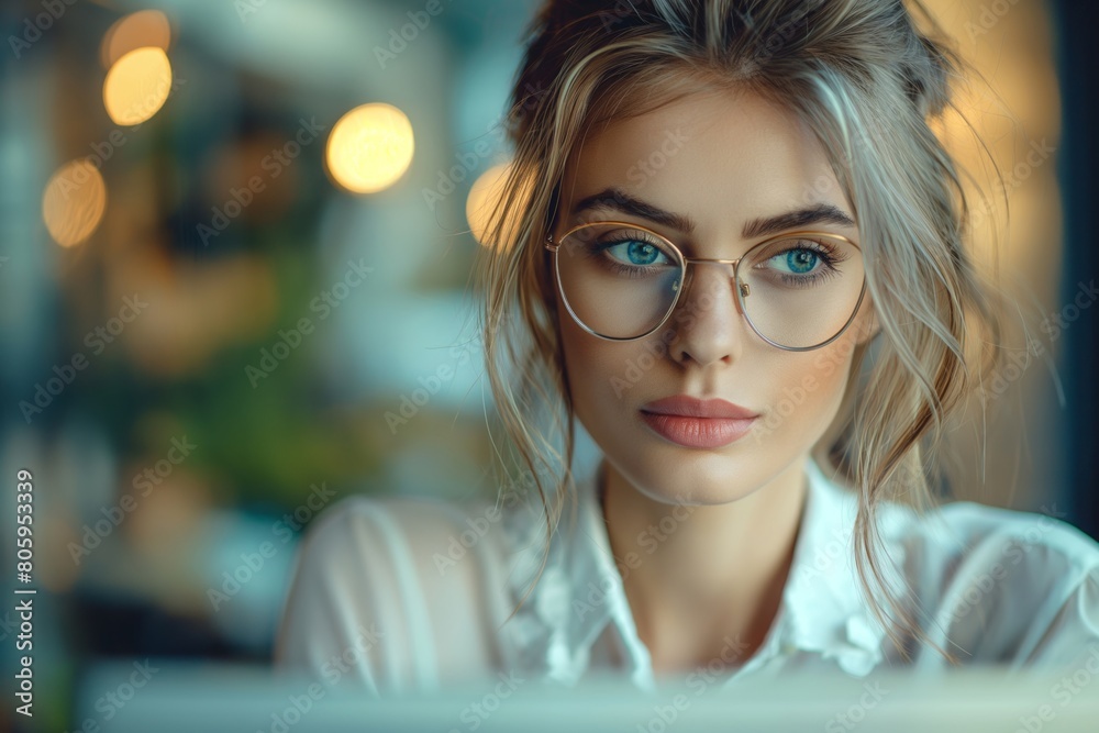 Attractive young girl manager in glasses looking computer screen sitting desk Attractive young girl manager in glasses looking computer screen sitting desk