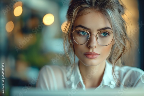 Attractive young girl manager in glasses looking computer screen sitting desk