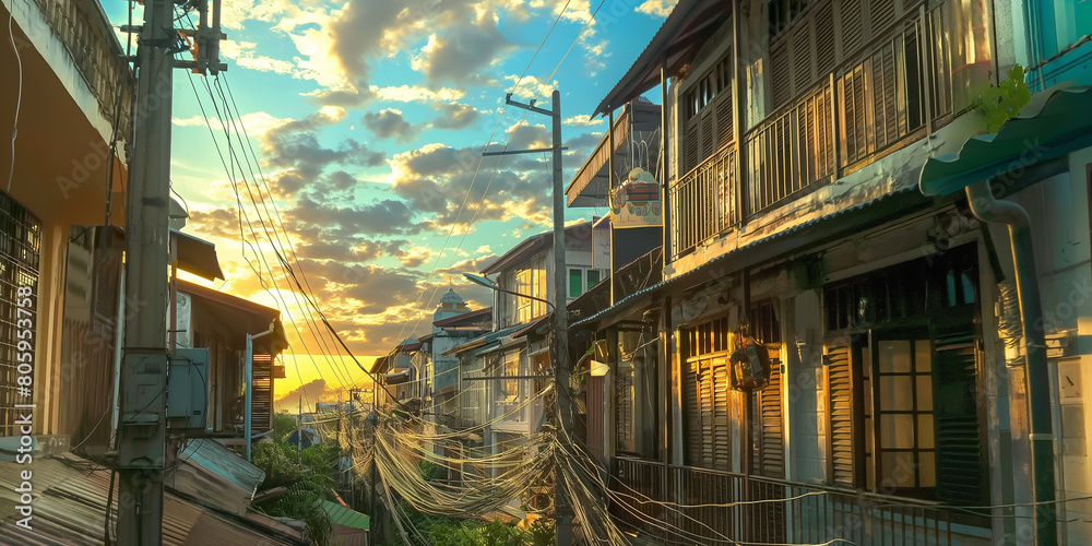 Obraz premium Retro style house inThailand, slum community in Thailand with electrical wire that look confuse,