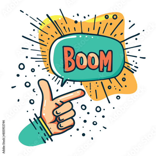 Hand gesturing towards comic style explosion Boom text, vibrant colors, dynamic, pop art concept. Cartoon hand pointing artistic burst, graphic representation sound effect, colorful design isolated