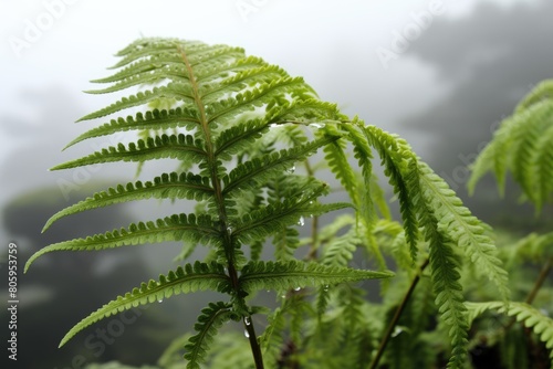 Close-up of a fern in a foggy morning.