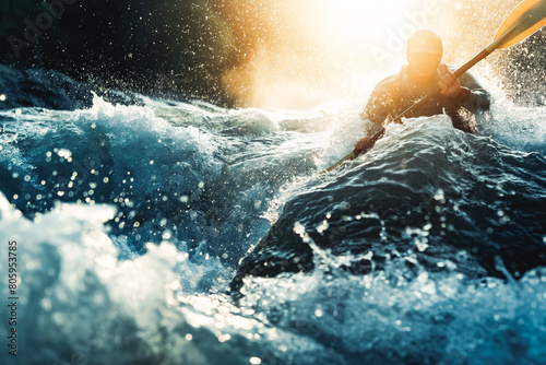 A kayaker navigates through turbulent whitewater, paddle flashing in the sunlight.