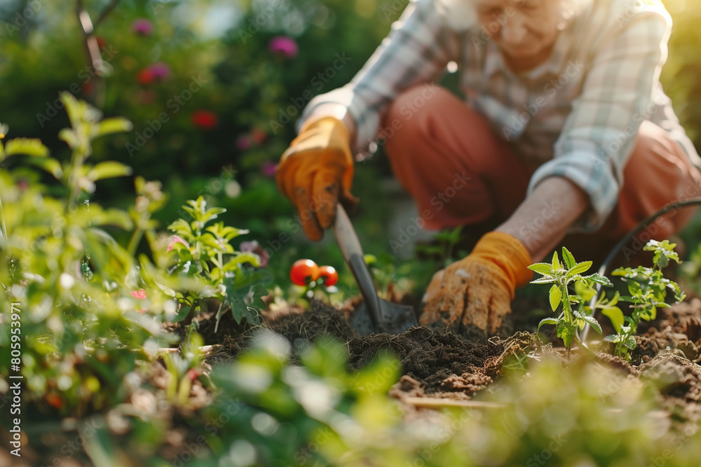 Fototapeta premium Senior woman gardening on beautiful spring day