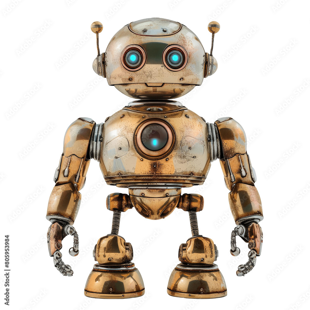 The robot is made of metal and has blue eyes. It is standing on two legs and has two arms. It has a round head with two antennae. The robot is made of metal and has blue eyes. It is standing on two legs and has two arms. It has a round head with two antennae.