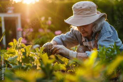 A elderly white old woman working in the garden with a hat. sitting on her knees and planting seeds in the earth. hot summer day outside.