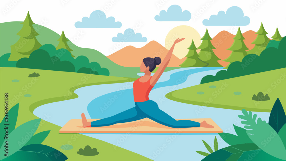 The soothing sounds of a gentle creek provide the perfect ambiance for a solo Pilates practice on a padded outdoor mat the lush greenery and fresh air. Vector illustration