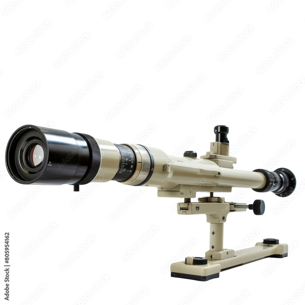 The image shows a man standing in a field, looking through a telescope. The telescope has a large lens and is mounted on a tripod. The image shows a man standing in a field, looking through a telescope. The telescope has a large lens and is mounted on a tripod.
