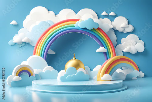 Podium with a cloud and rainbow for product presentation. Cartoon rainbow arch of colors in the sky rain season for banner, cover, and brochure. 3D rendering illustration.