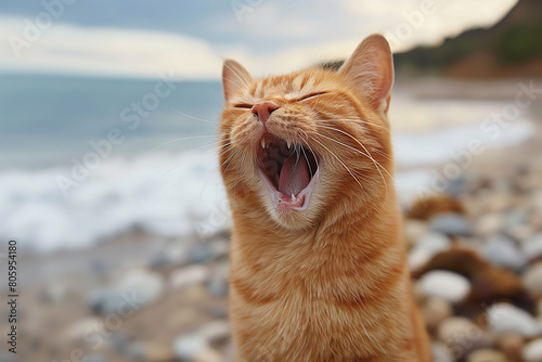 A surprise orange cat, yawing feline at beach, on sand in sunny day photo