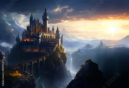 Enigmatic Castle Rising from Ethereal Mist, Shrouded in Mystery and Intrigue, A Captivating Vision of Enchantment photo