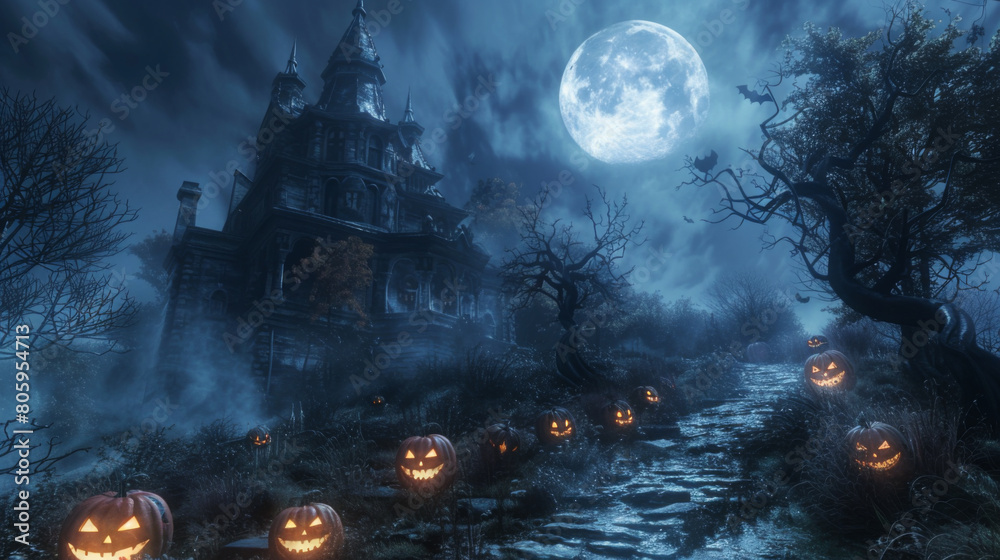 Spooky haunted mansion illuminated by a full moon with carved pumpkins along a pathway.