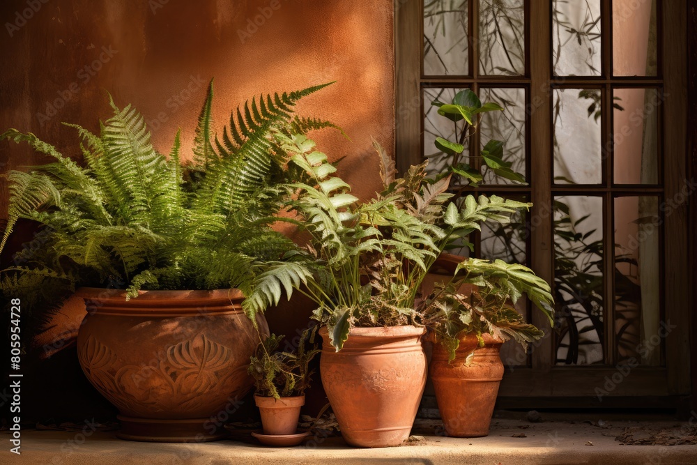 Ferns in a terracotta pot on a porch.