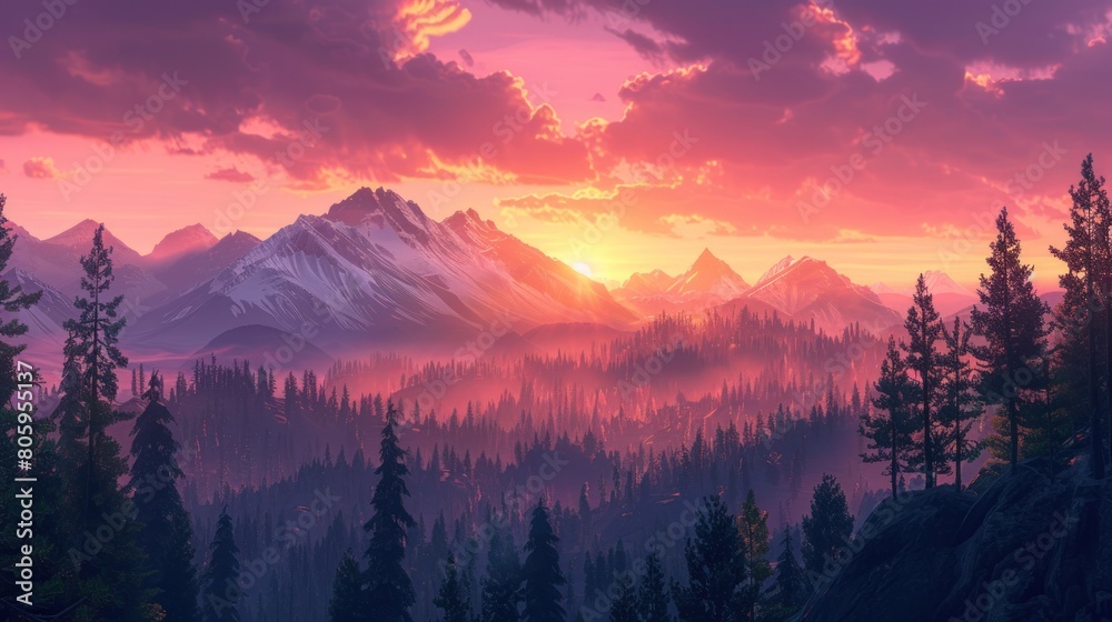 Against the backdrop of a vibrant sunset sky, the silhouette of majestic mountains is adorned with lush forests and rugged rocks, painting a stunning panorama.