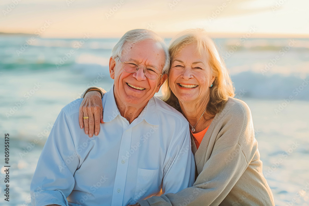 A smiling senior couple relaxing on a sunny beach, the soft, orange light of sunset enveloping them in a warm embrace as they soak up the last rays of the day.