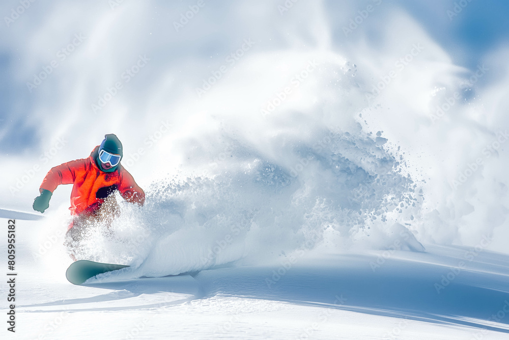 A snowboarder carves through fresh powder, leaving a trail of snow in their wake.