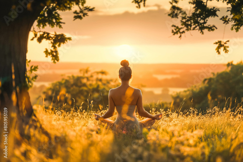 A serene yoga practitioner meditating in a peaceful natural setting, the tranquil beauty of the sunset casting a serene glow over the scene as they find balance and inner peace.