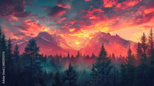 Against the backdrop of a vibrant sunset sky, the silhouette of majestic mountains is adorned with lush forests and rugged rocks, painting a stunning panorama.