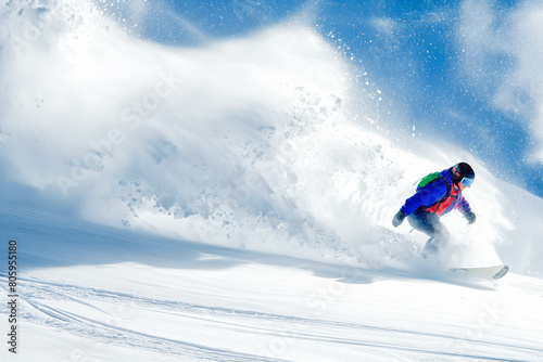 A snowboarder carves through fresh powder, leaving a trail of snow in their wake.