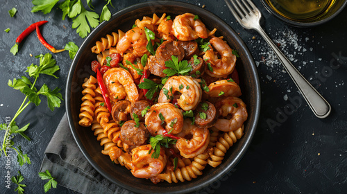 Fusilli pasta with shrimps and sausage in tomato sauce on dark background, top view. traditional New Orleans jambalaya meal.
