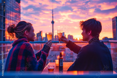 Two friends enjoying a rooftop dinner party, clinking glasses and sharing stories against the backdrop of a stunning sunset and a vibrant city skyline.