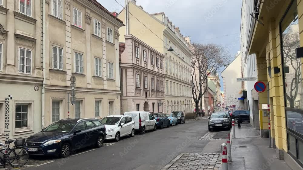 historic Kirchberggasse in Vienna 7th district with parking car historic Kirchberggasse in Vienna 7th district with parking car