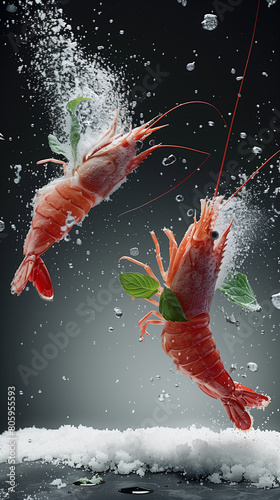 Two shrimp are in the air, one of which is holding a green leaf. The image has a playful and whimsical mood, as the shrimp seem to be dancing in the air photo
