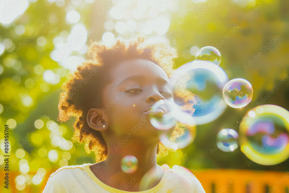 A carefree Afro-American child blowing bubbles in a sun-drenched backyard, the iridescent spheres sparkling in the brilliant sunlight. A carefree Afro-American child blowing bubbles in a sun-drenched backyard, the iridescent spheres sparkling in the brilliant sunlight.