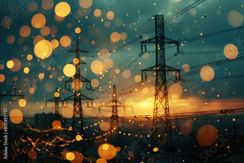 Golden bokeh lights with power lines at dusk - Warm glowing bokeh lights speckle the scene with power towers standing against a dusk sky, imparting a serene end-of-day feel 