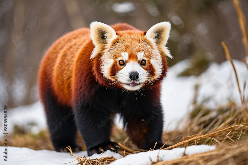 Fototapeta premium cute red panda in snowy forest