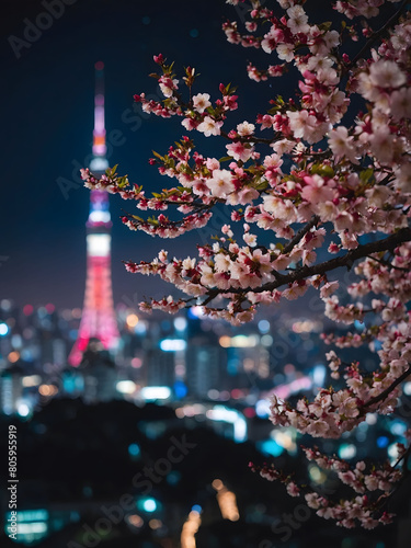 Sakura Skyline  Behold a Fantastical Japanese Night View Cityscape  Where the Twinkling Lights of Residential Skyscrapers Blend with the Soft Glow of Pink Cherry Blossoms.