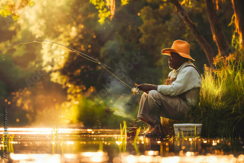 A content Afro-American grandfather fishing in a sunlit pond, the tranquility of the setting reflected in the warm, diffused light.