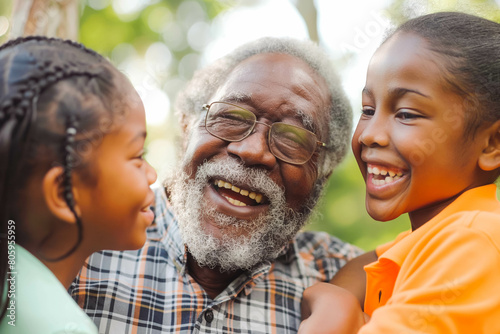 A content Afro-American grandfather sharing stories and laughter with his grandchildren, passing down family traditions and values. photo