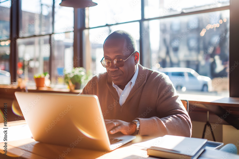 A driven middle-aged Afro-American entrepreneur working on a laptop in a sunlit cafe, their determination shining through in the high-key setting.