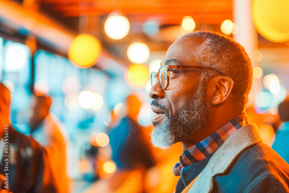 A driven middle-aged Afro-American professional networking at a bright, bustling event, their energy matching the vibrant atmosphere.