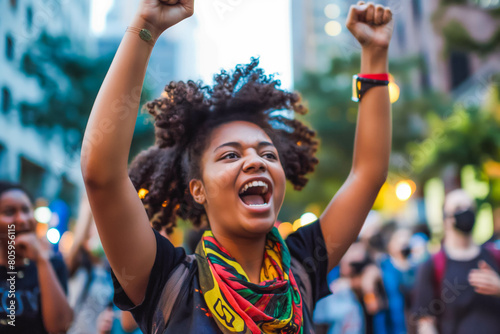 A determined young Afro-American activist leading a protest for social justice, rallying others to join in the fight for equality. © VisualProduction