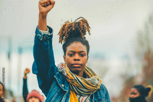 A determined young Afro-American activist leading a protest for social justice, rallying others to join in the fight for equality. © VisualProduction