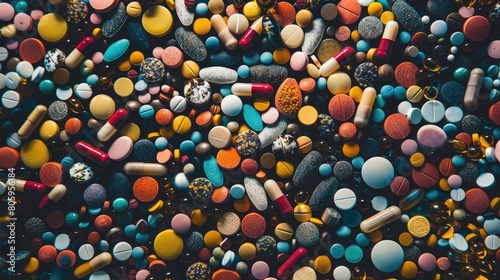 An array of multicolored pharmaceutical pills and capsules, including opioids, vitamins, and a variety of medicines, scattered across a surface, representing healthcare and medication, Generative Ai