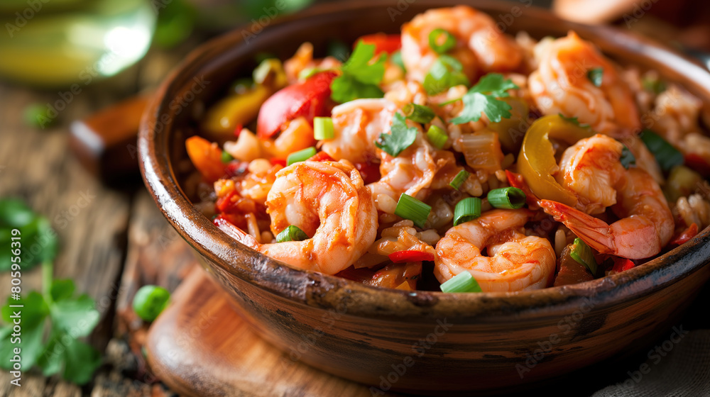  wooden bowl of jambalaya, featuring shrimp and rice with colorful vegetables like bell peppers and green onions. The dish is centered on the table, showcasing its vibrant colors and rich textures