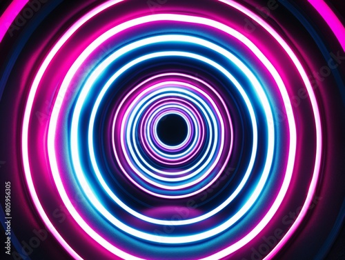 Vibrant neon lights creating a hypnotic spiral tunnel effect.