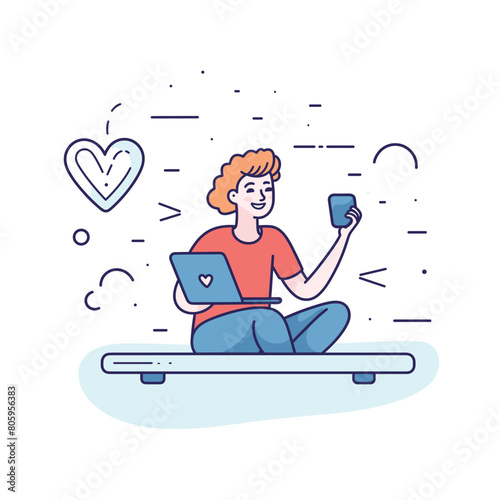 Young adult enjoying leisure time using laptop smartphone, casual clothing, sitting crosslegged. Cheerful character communicating digitally, online interaction, millennial tech user. Bright colors