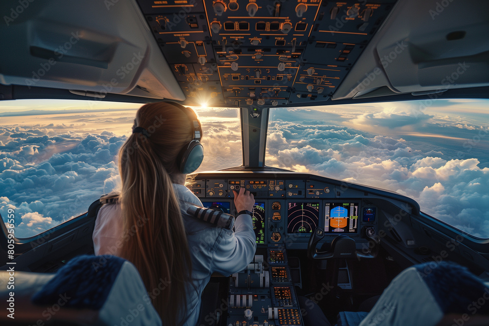 Obraz premium Woman pilot wearing headset is sitting in airplane cockpit