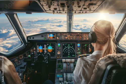 Woman pilot wearing headset is sitting in airplane cockpit