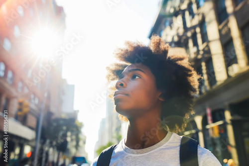 An adventurous Afro-American teenager exploring the city streets in the bright afternoon sun, their curiosity piqued by the high-key urban landscape. #805956731