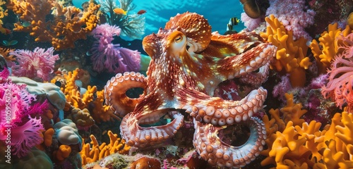 A curious octopus extending its tentacles to investigate a colorful array of marine life on the ocean floor.  photo