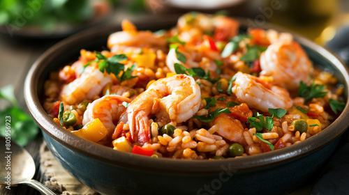  bowl of traditional jambalaya, featuring shrimp and rice in an exotic medley with colorful vegetables, capturing the essence of New Orleans cuisine