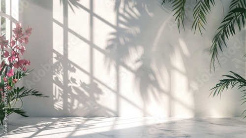 Realistic indoor scene with soft sunlight casting shadows of palm leaves on a white wall, accompanied by pink flowers