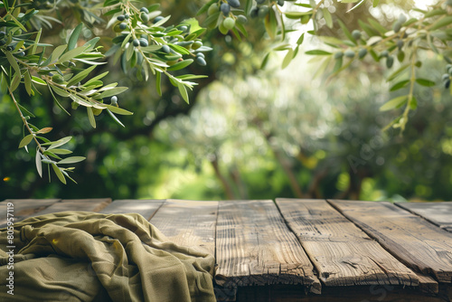 Mockup for product display featuring a stand on an old natural wooden table, draped with a brown fabric cover, adorned with a fresh olive tree branch in garden daylight