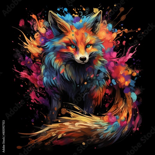 Colorful Abstract Illustration of a Kitsune on a Black Background