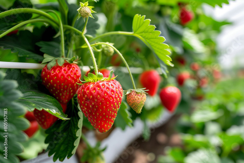 Red ripe strawberries growing in a modern automated laboratory greenhouse
