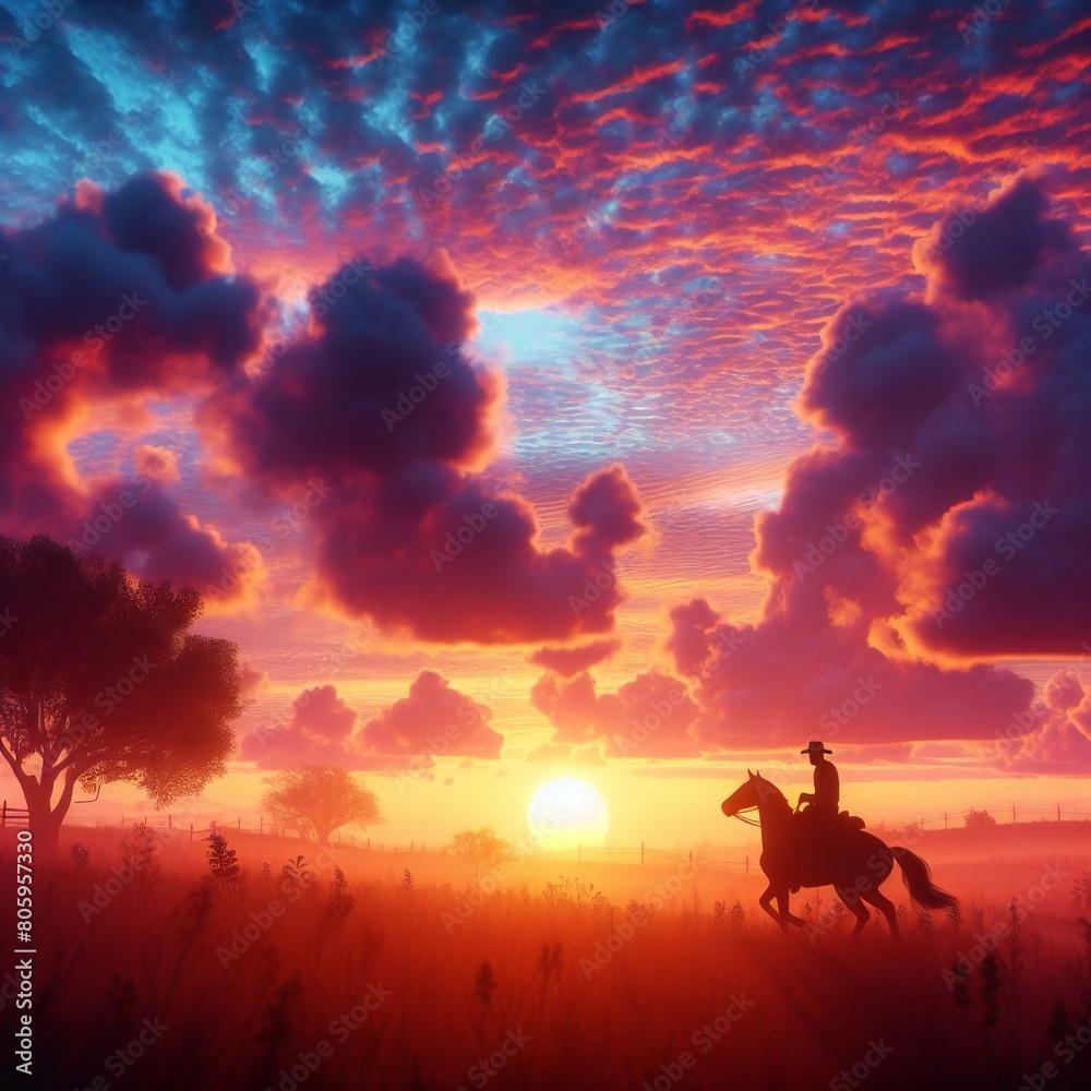 Fototapeta premium silhouette of a cowboy riding into the sunset